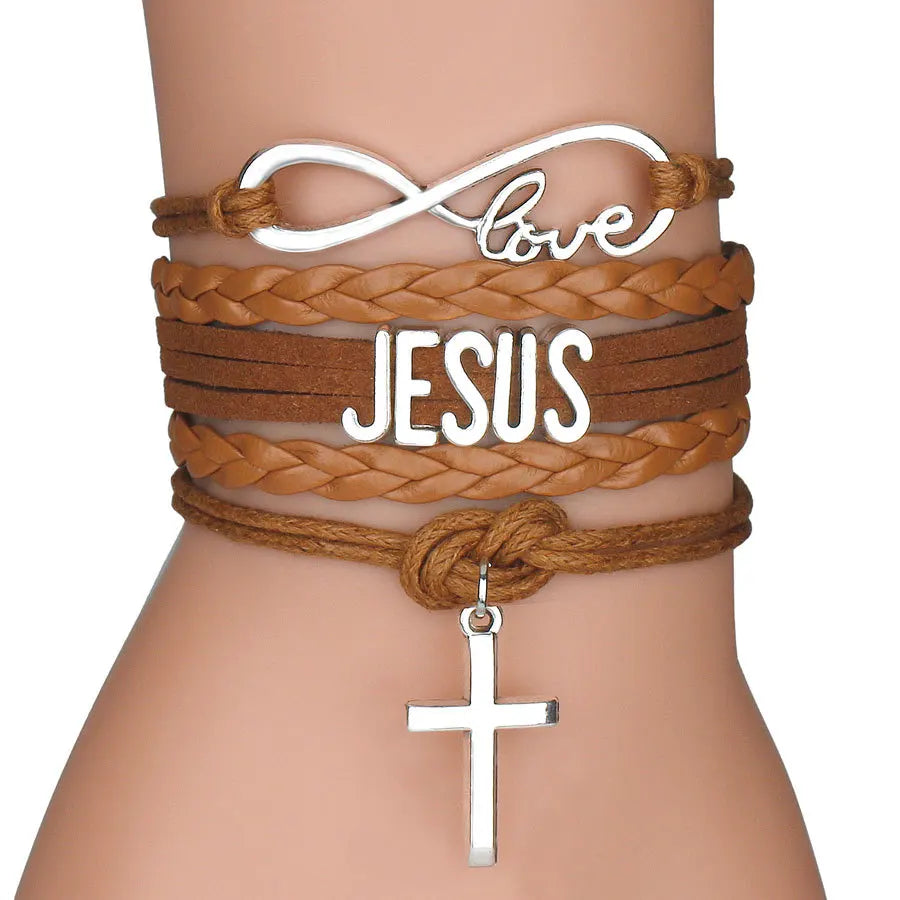 Mixed Color Rope Bracelet Infinity Love Jesus Fish Christian Cross God Charms Pendants Leather Bracelet Unisex Jesus Jewelry