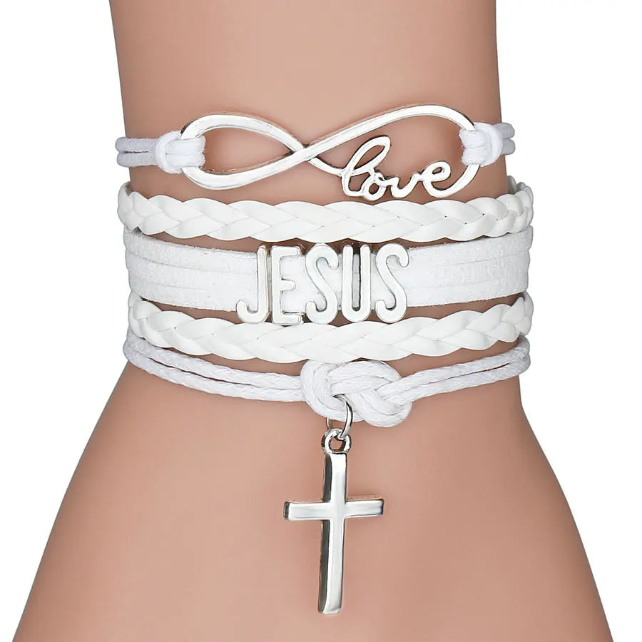 Mixed Color Rope Bracelet Infinity Love Jesus Fish Christian Cross God Charms Pendants Leather Bracelet Unisex Jesus Jewelry