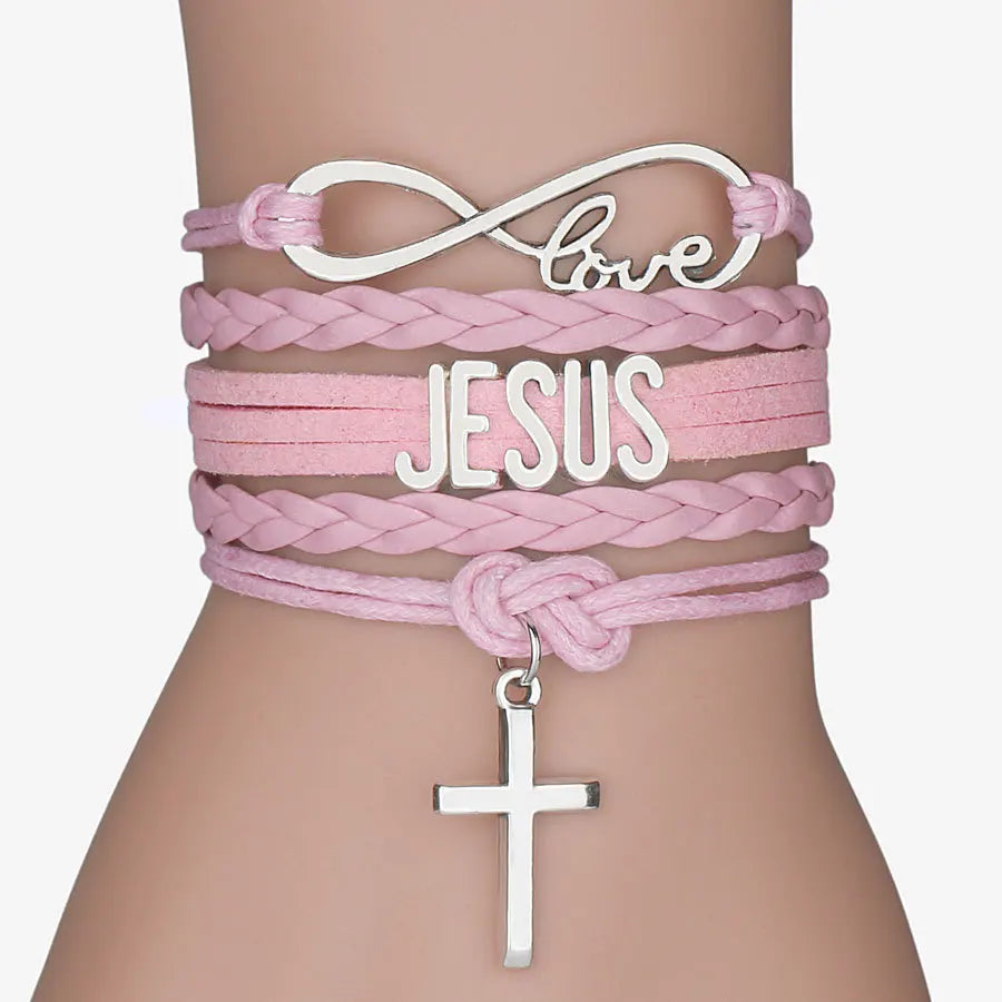 Mixed Color Rope Bracelet Infinity Love Jesus Fish Christian Cross God Charms Pendants Leather Bracelet Unisex Jesus Jewelry