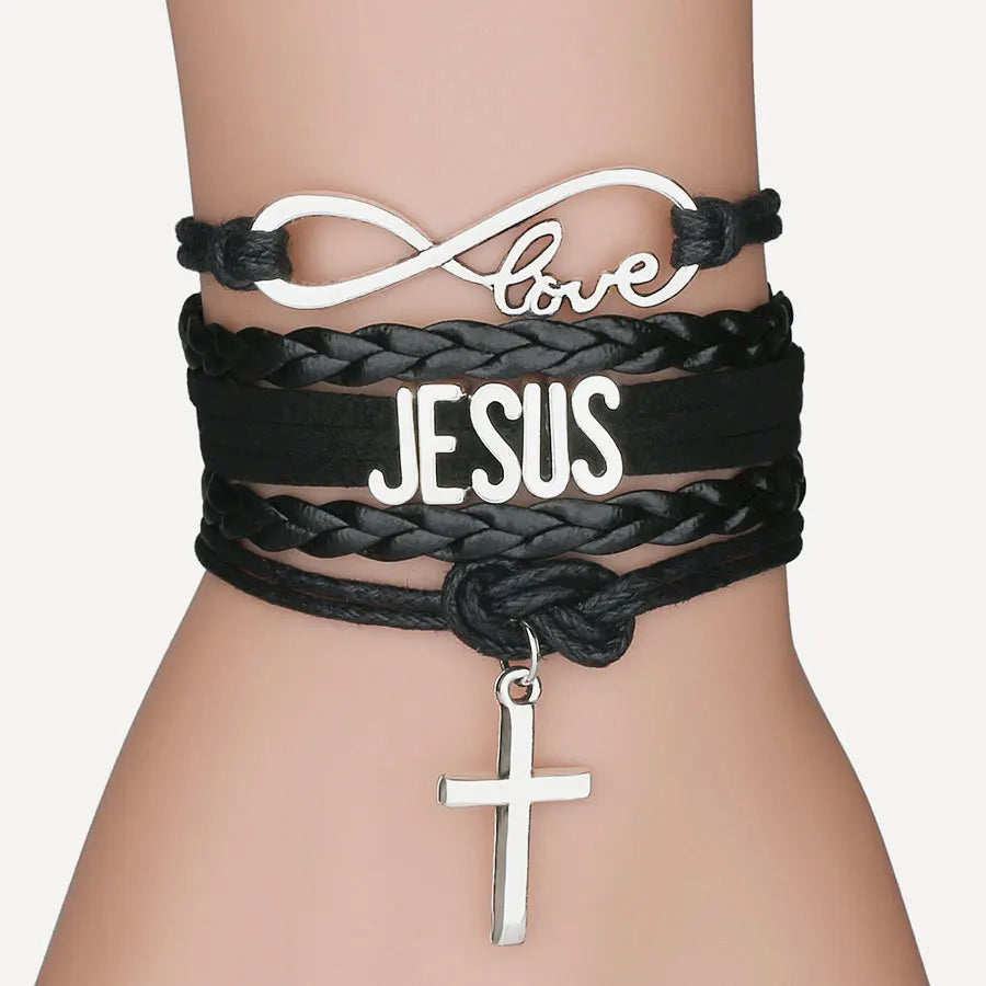 Mixed Color Rope Bracelet Infinity Love Jesus Fish Christian Cross God Charms Pendants Leather Bracelet Unisex Jesus Jewelry